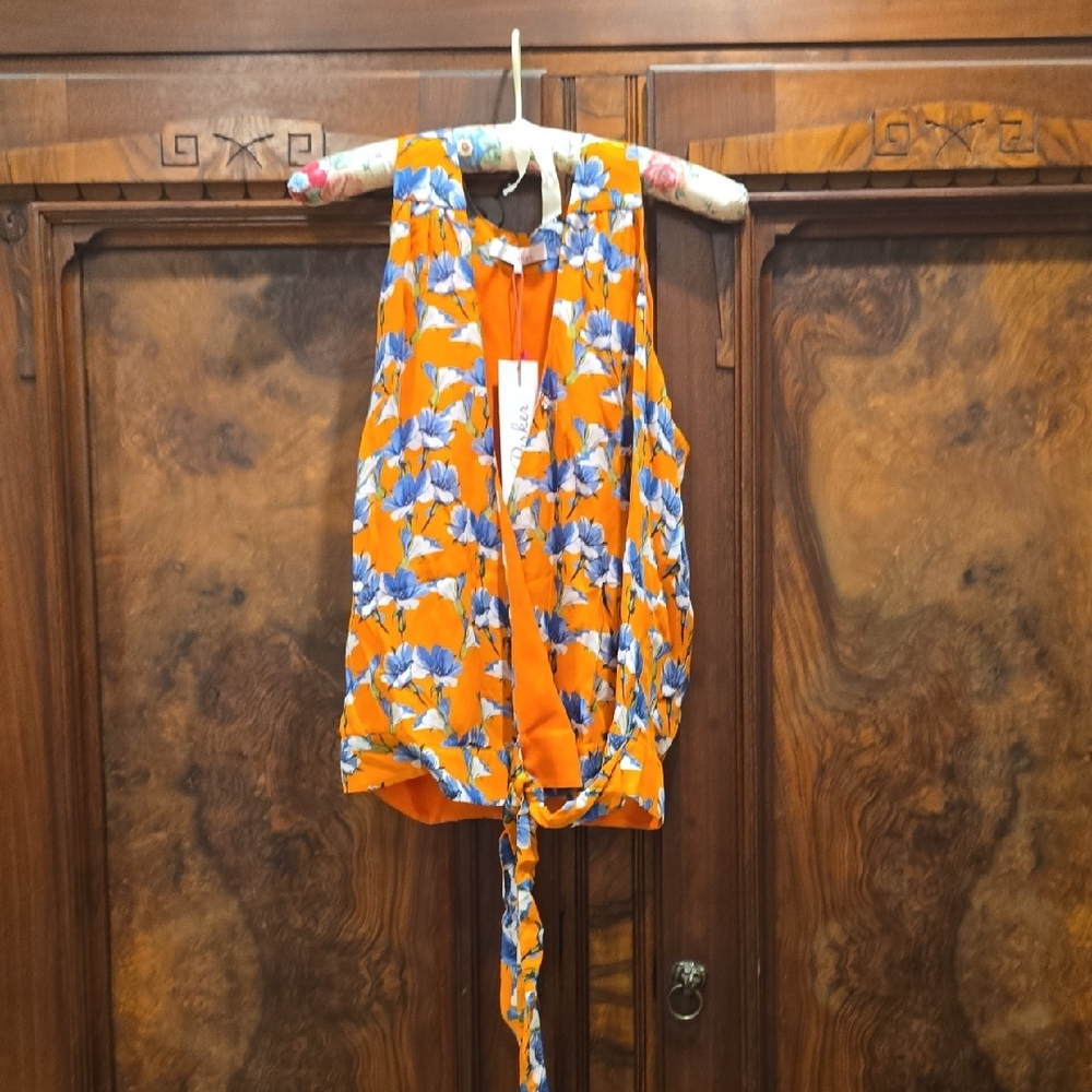 Parker Vibrant Orange Blouse with Blue Floral Pattern, S, NWT - Picture 5 of 5